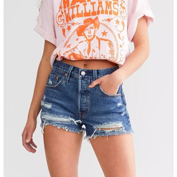 Levi's 501 Jean Shorts WMNS 32 Blue Distressed Denim Button Fly Cut-Off Hi-Rise - Picture 2 of 10